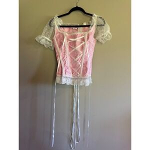 Pink Paisley Brocade Corset Top Lace Trim Mesh Puff Sleeve Coquette Fairycore S